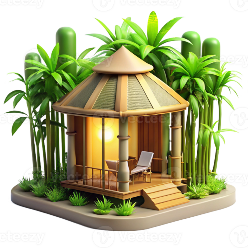 impressive creative Bamboo and glass eco house, lush tropical setting, warm natural light, sustainable design, photorealistic, original png