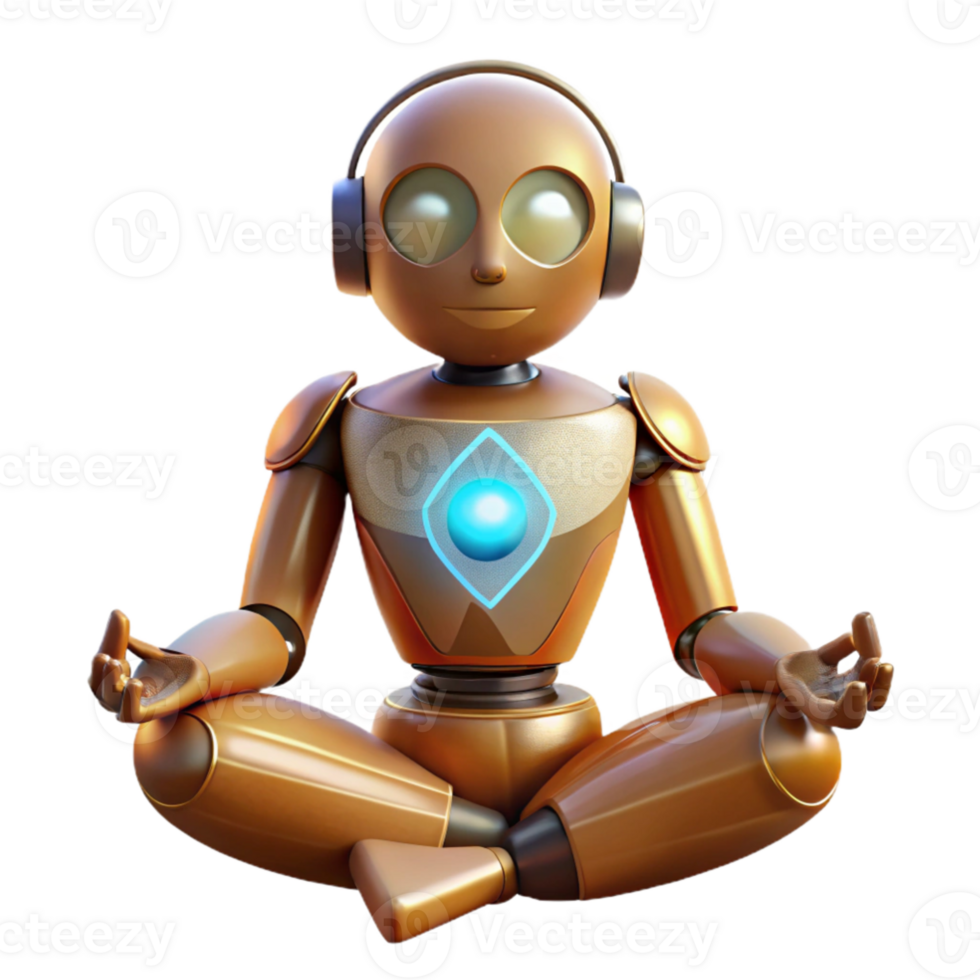 elegant contemporary A lone, sentient robot, crafted from polished wood and glowing crystals, meditates in a zero gravity chamber, illuminated by a single beam of white light high quality png