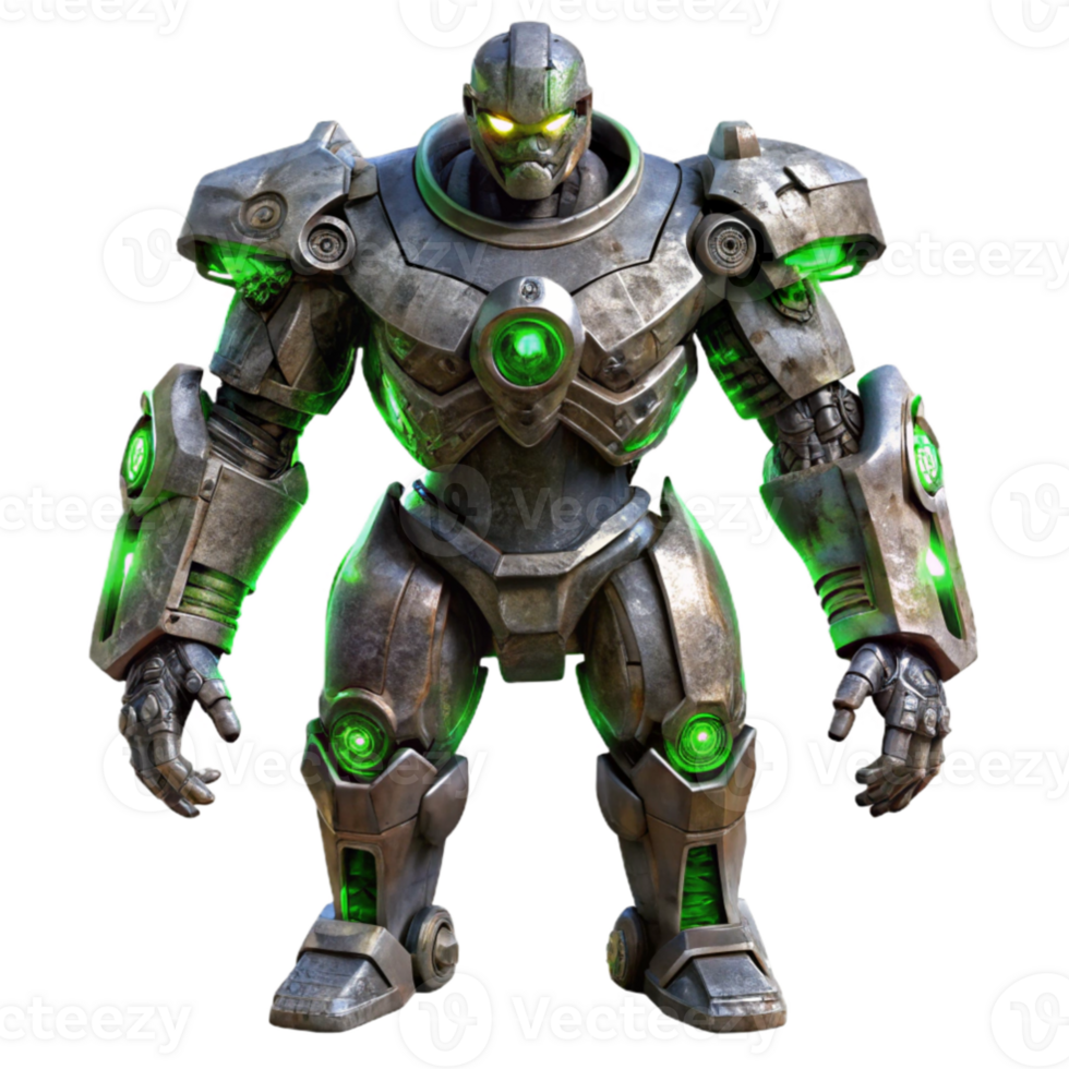 impressive minimalist A colossal, robotic sentinel stands guard over a desolate, alien landscape, its metallic surface weathered and scarred, lit by the eerie green glow of a nearby black hole 4K png