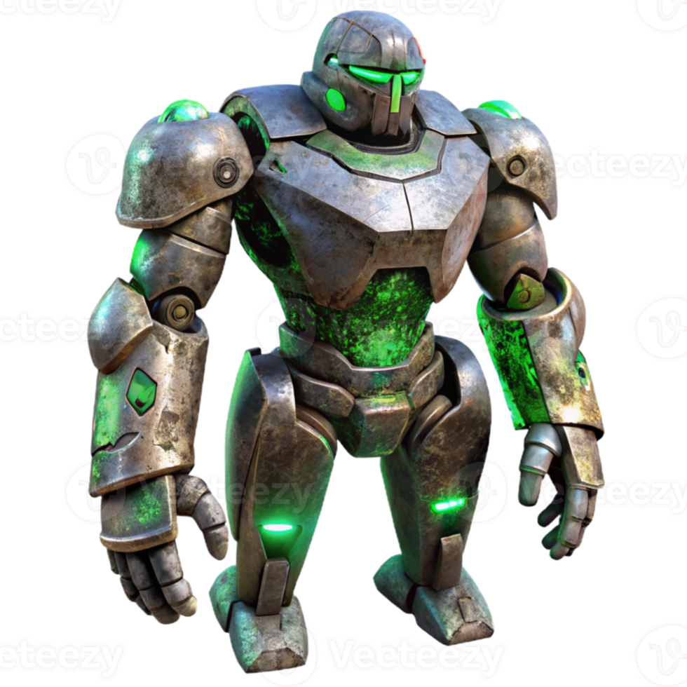 serene vintage A colossal, robotic sentinel stands guard over a desolate, alien landscape, its metallic surface weathered and scarred, lit by the eerie green glow of a nearby black hole detailed png