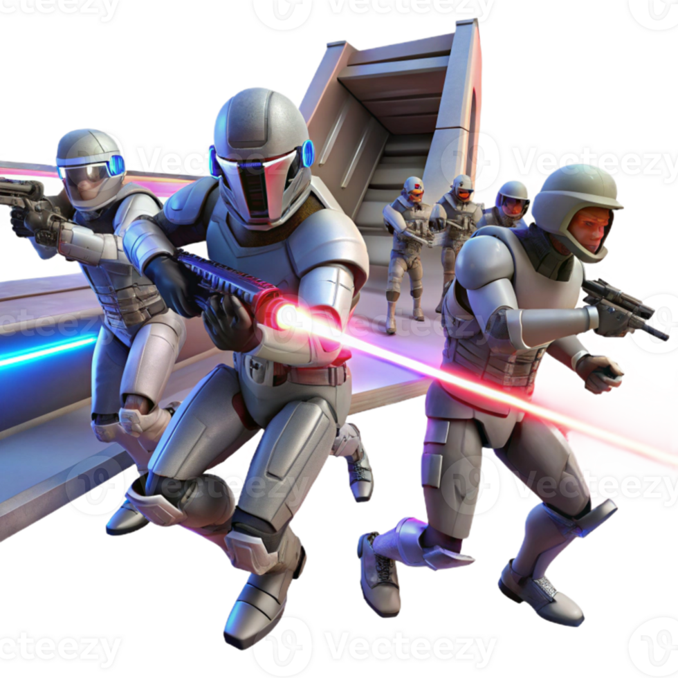 elegant artistic A group of space pirates, clad in ragged, futuristic armor, engage in a laser battle aboard a derelict spaceship, illuminated by flashing red and blue emergency lights original png