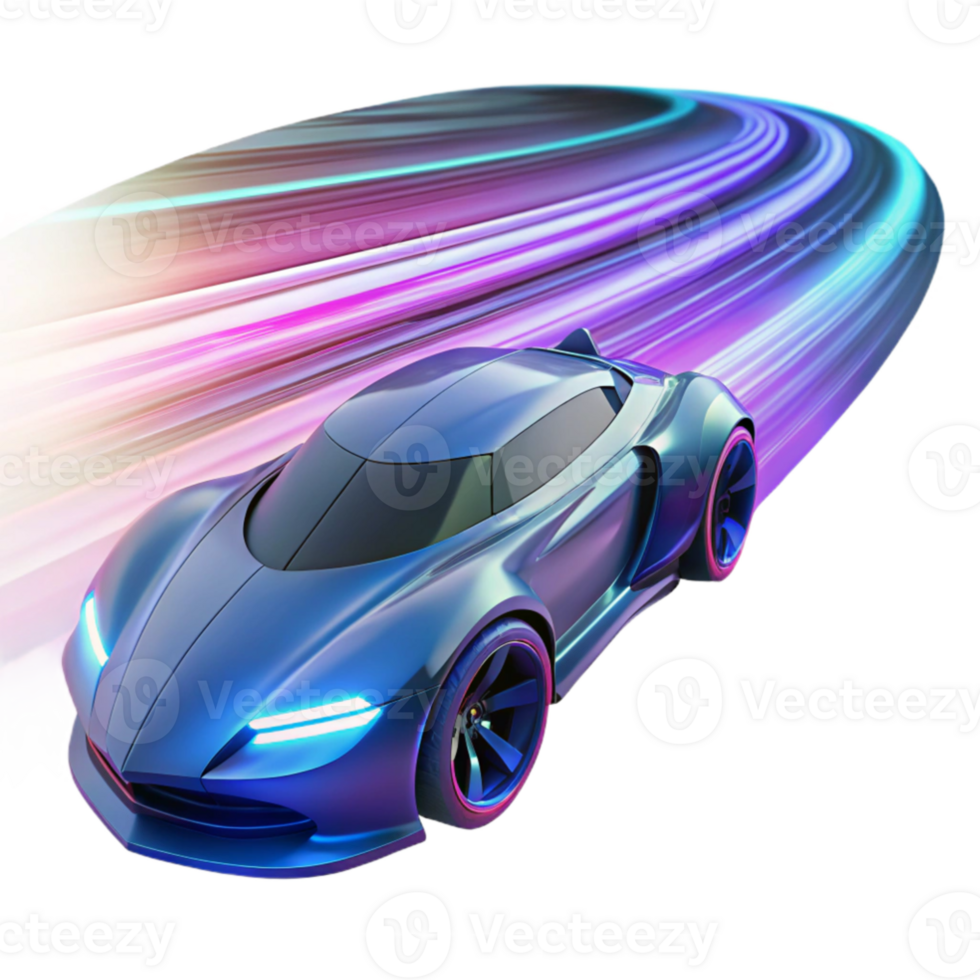 wonderful classic A futuristic racing vehicle, sleek and aerodynamic, speeds through a neon lit tunnel, leaving trails of light and energy in its wake 4K png