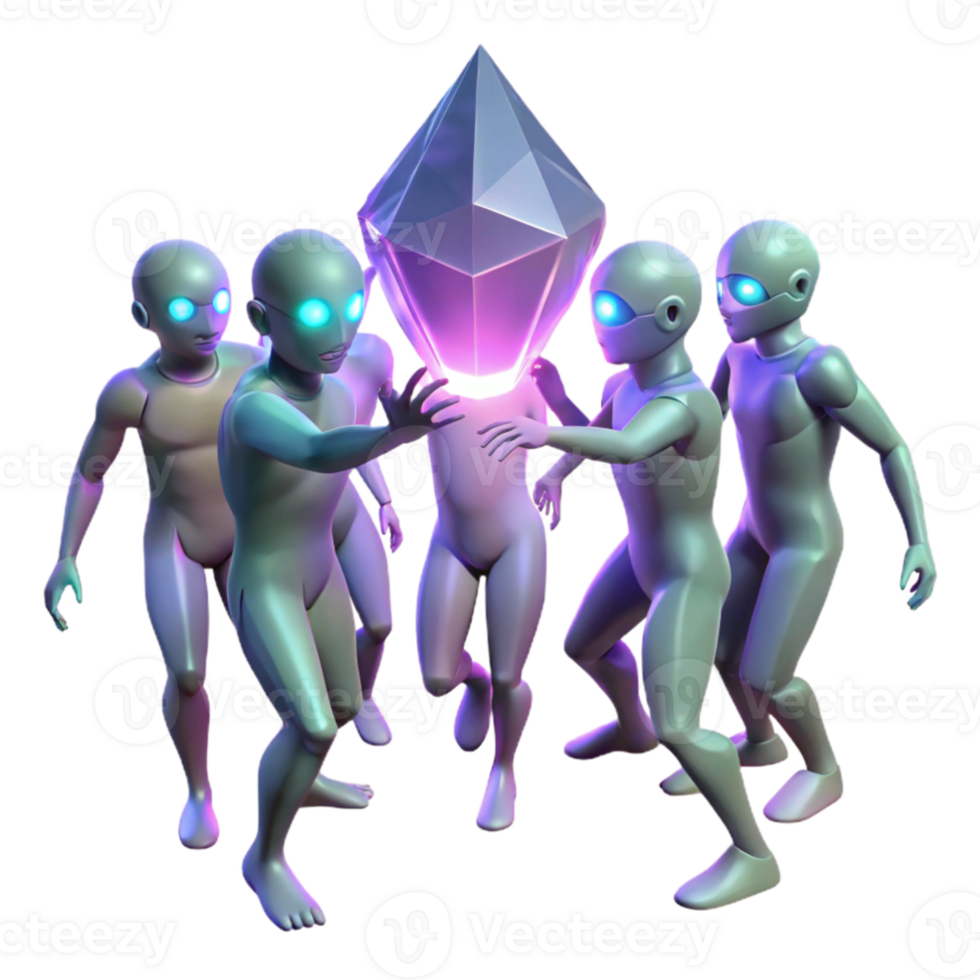 extraordinary contemporary A group of genetically modified humans, with glowing eyes and iridescent skin, perform a ritualistic dance around a pulsating crystal, illuminated by flickering... png