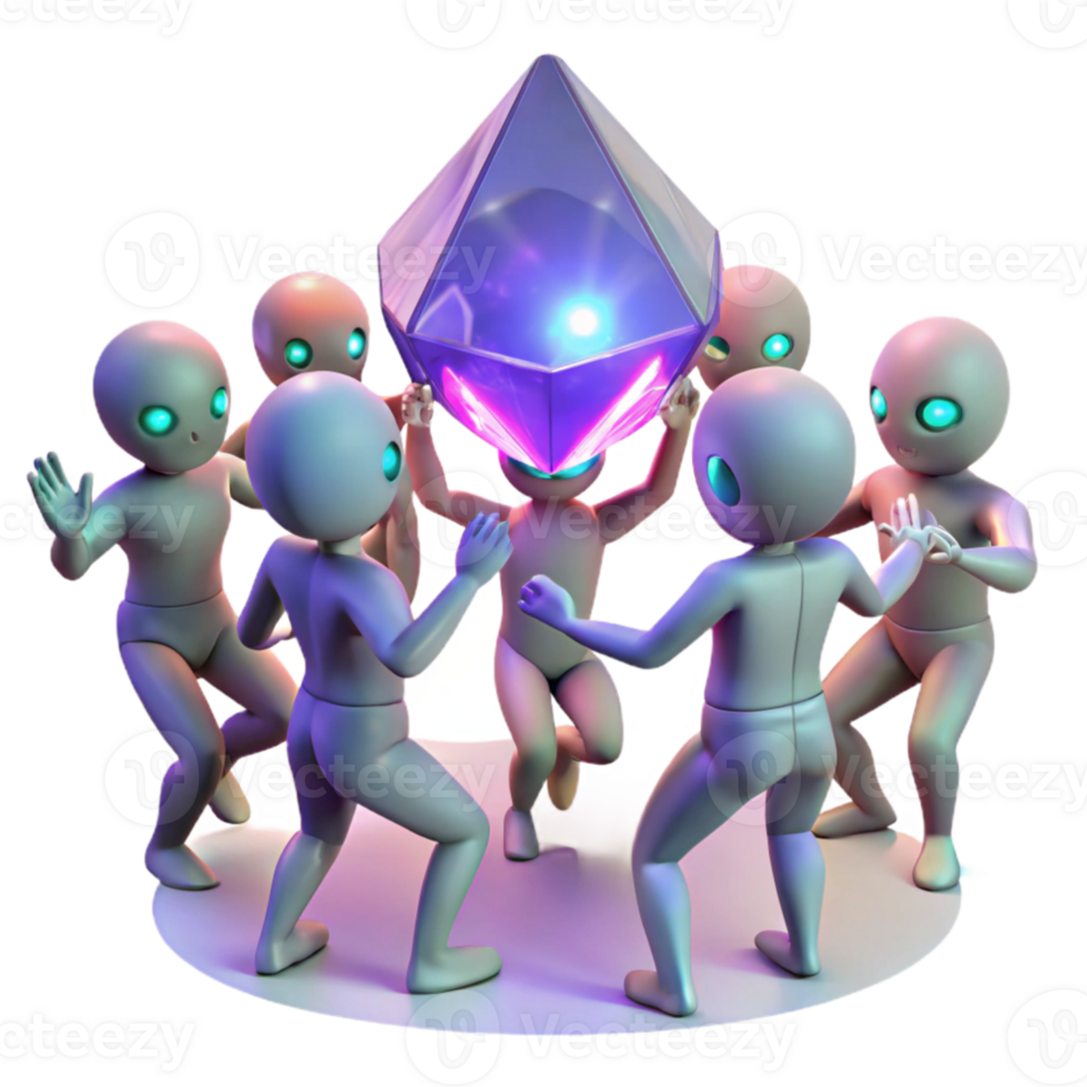 dramatic modern A group of genetically modified humans, with glowing eyes and iridescent skin, perform a ritualistic dance around a pulsating crystal, illuminated by flickering torchlight genuine png