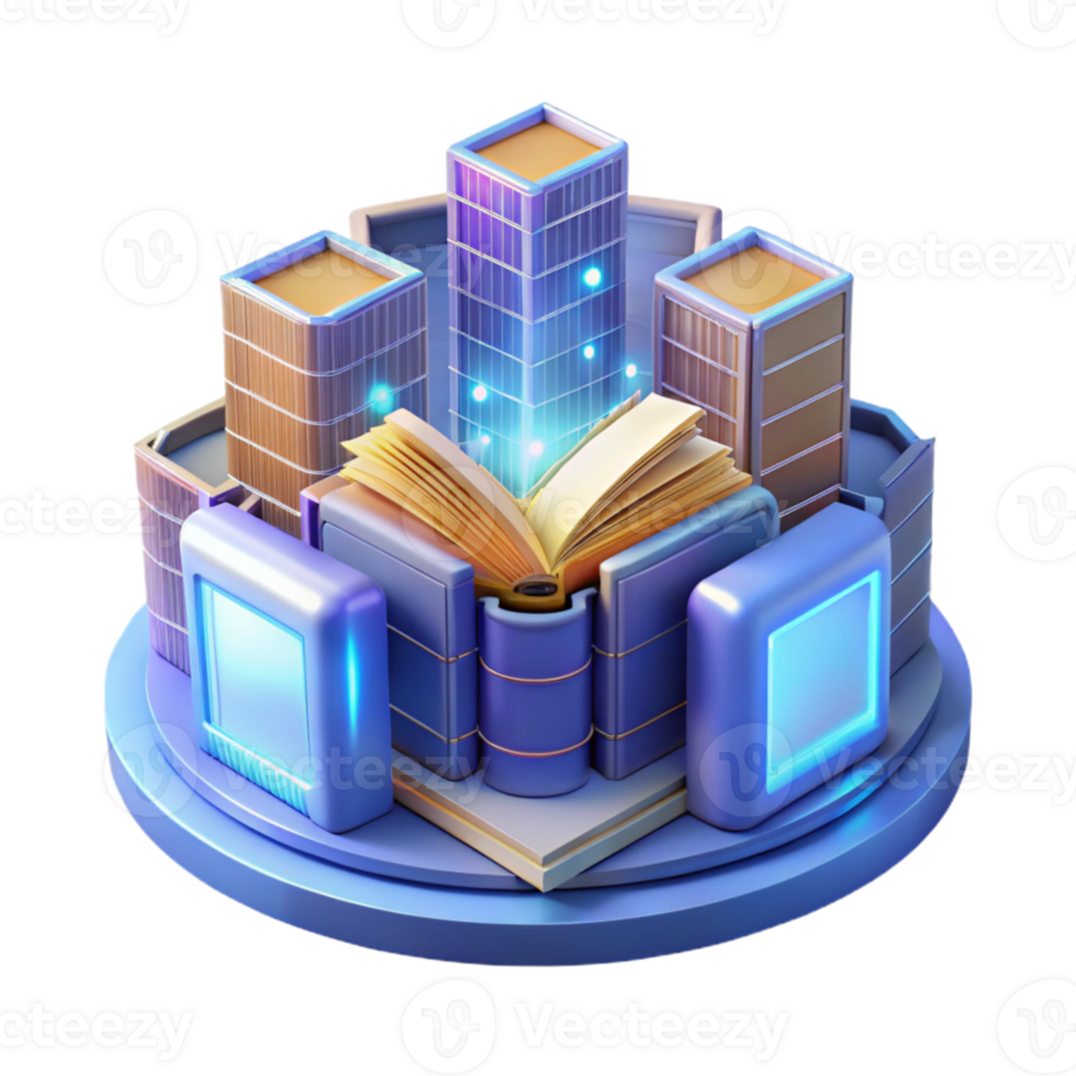 elegant creative A futuristic library, filled with holographic books and glowing data streams, bathed in the warm light of flickering digital displays detailed png