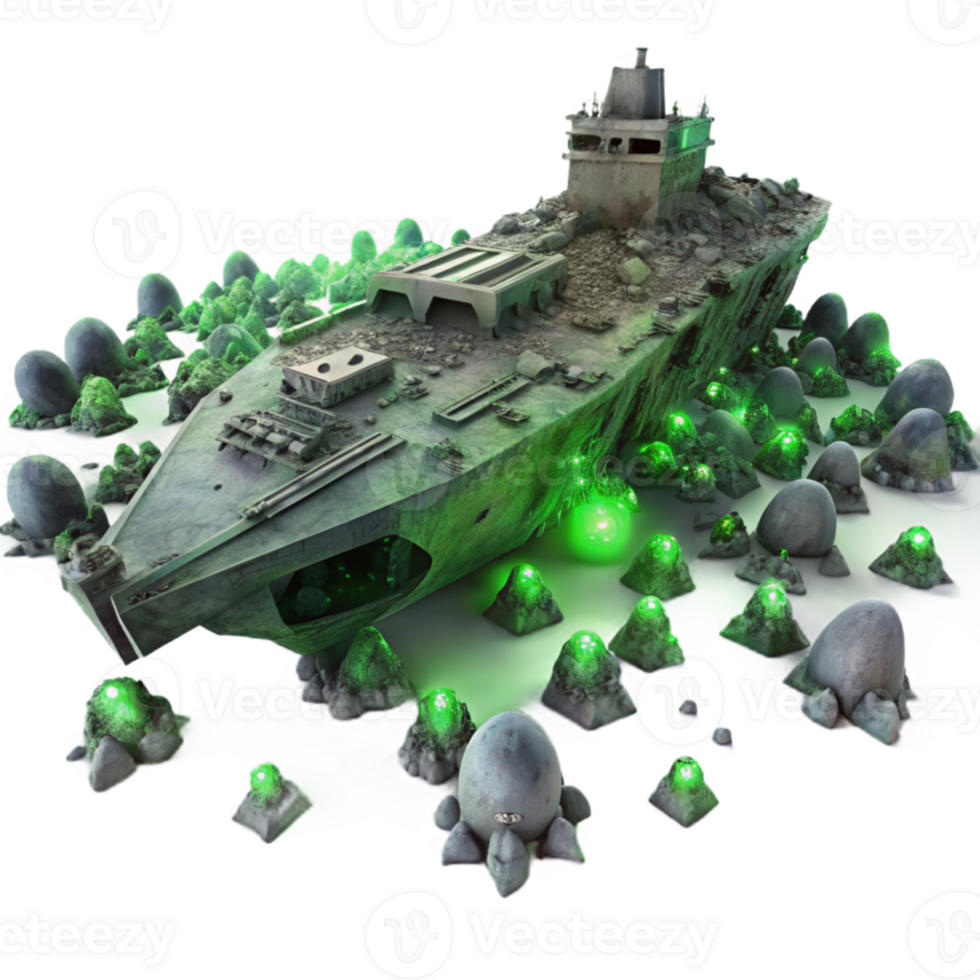 serene rustic A colossal spaceship graveyard, filled with the decaying hulks of ancient vessels, illuminated by the ghostly green glow of a nearby nebula genuine png
