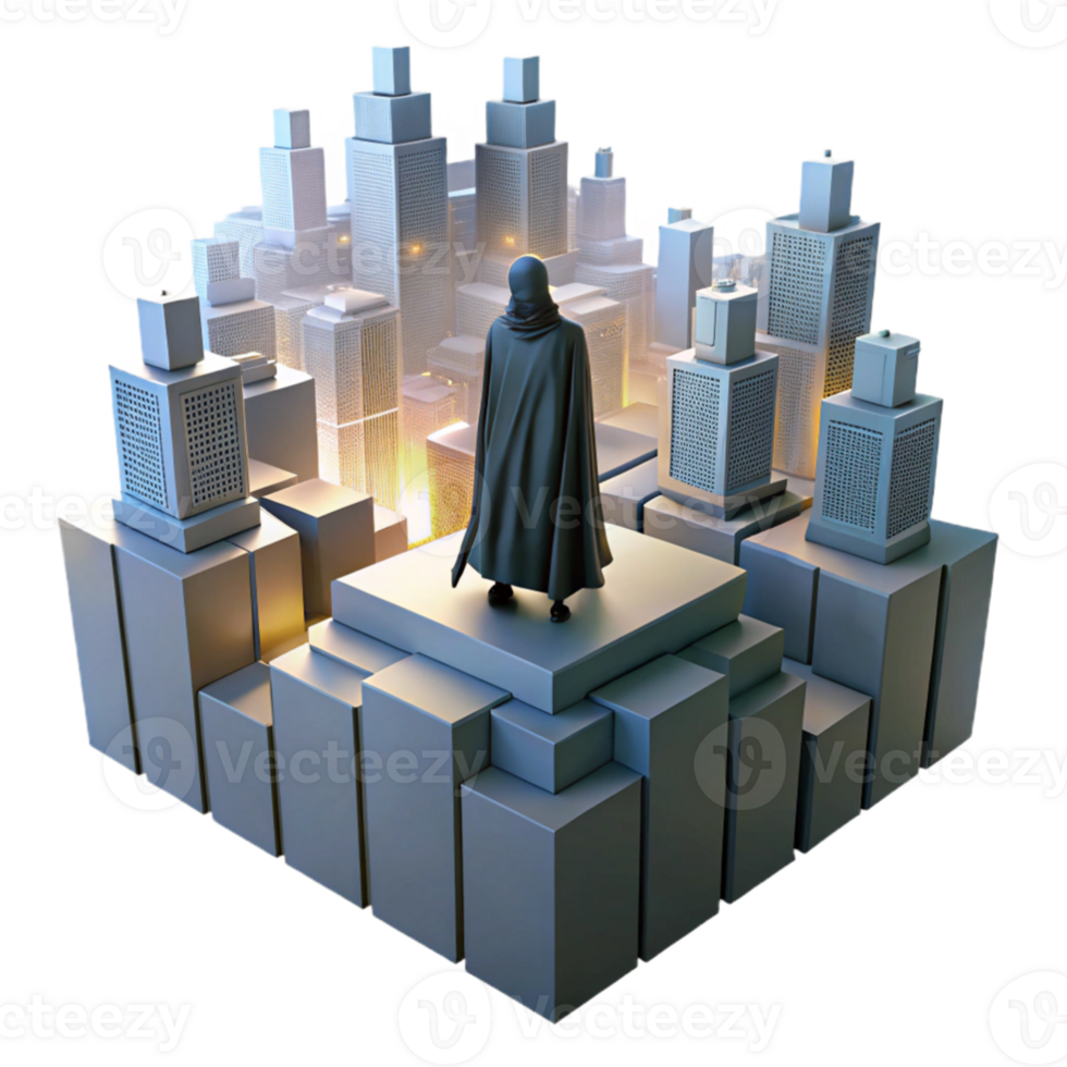 vibrant creative A lone, cloaked figure stands atop a towering, futuristic ziggurat, overlooking a sprawling metropolis, illuminated by the bright lights of the city below original png