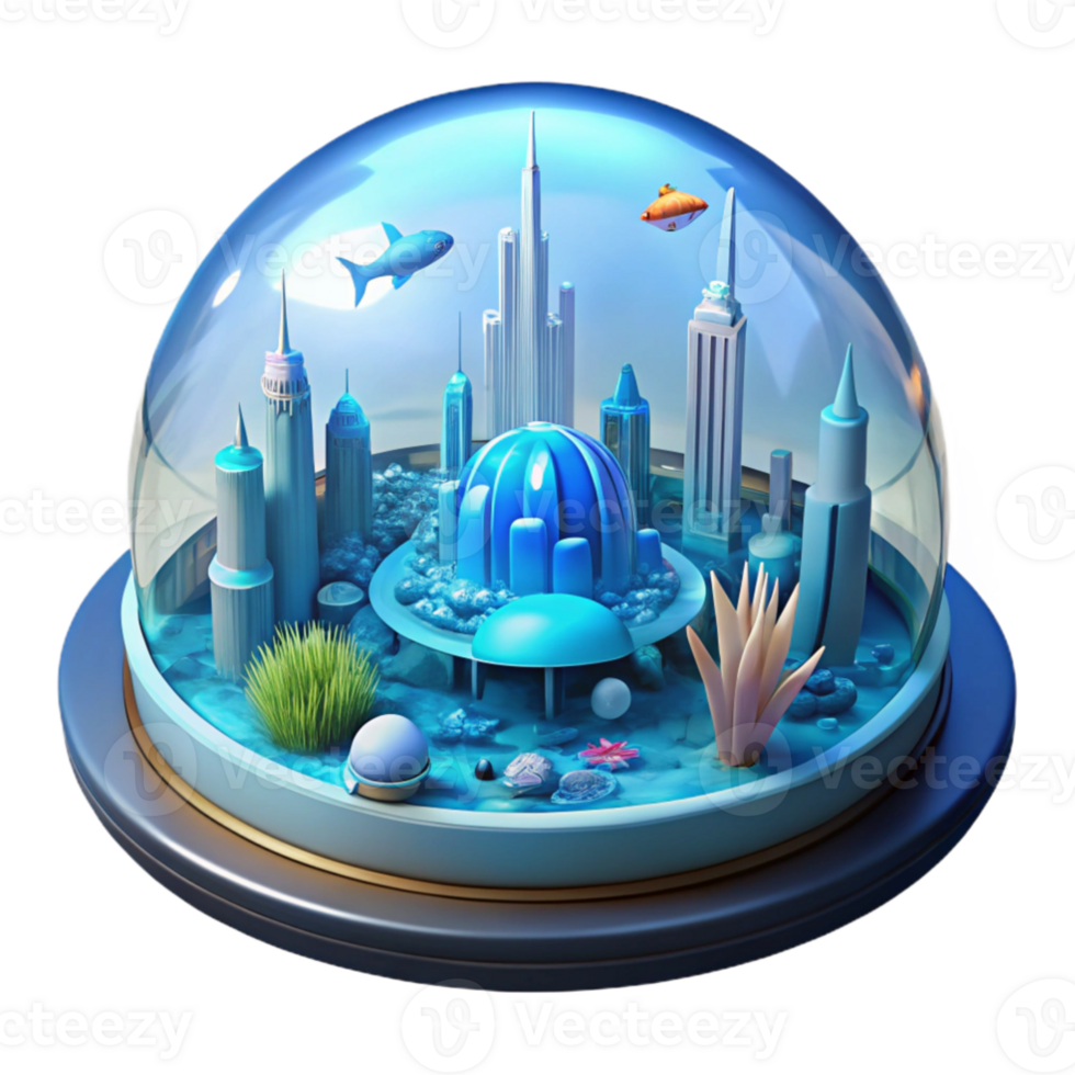 elegant traditional A futuristic, underwater city, enclosed in a transparent dome, teeming with marine life and holographic projections, illuminated by the soft, blue light of the ocean depths premium png