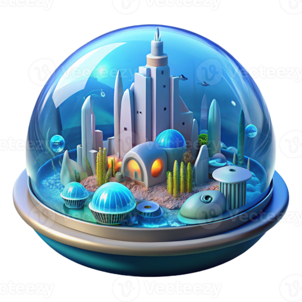 beautiful artistic A futuristic, underwater city, enclosed in a transparent dome, teeming with marine life and holographic projections, illuminated by the soft, blue light of the ocean depths premium png