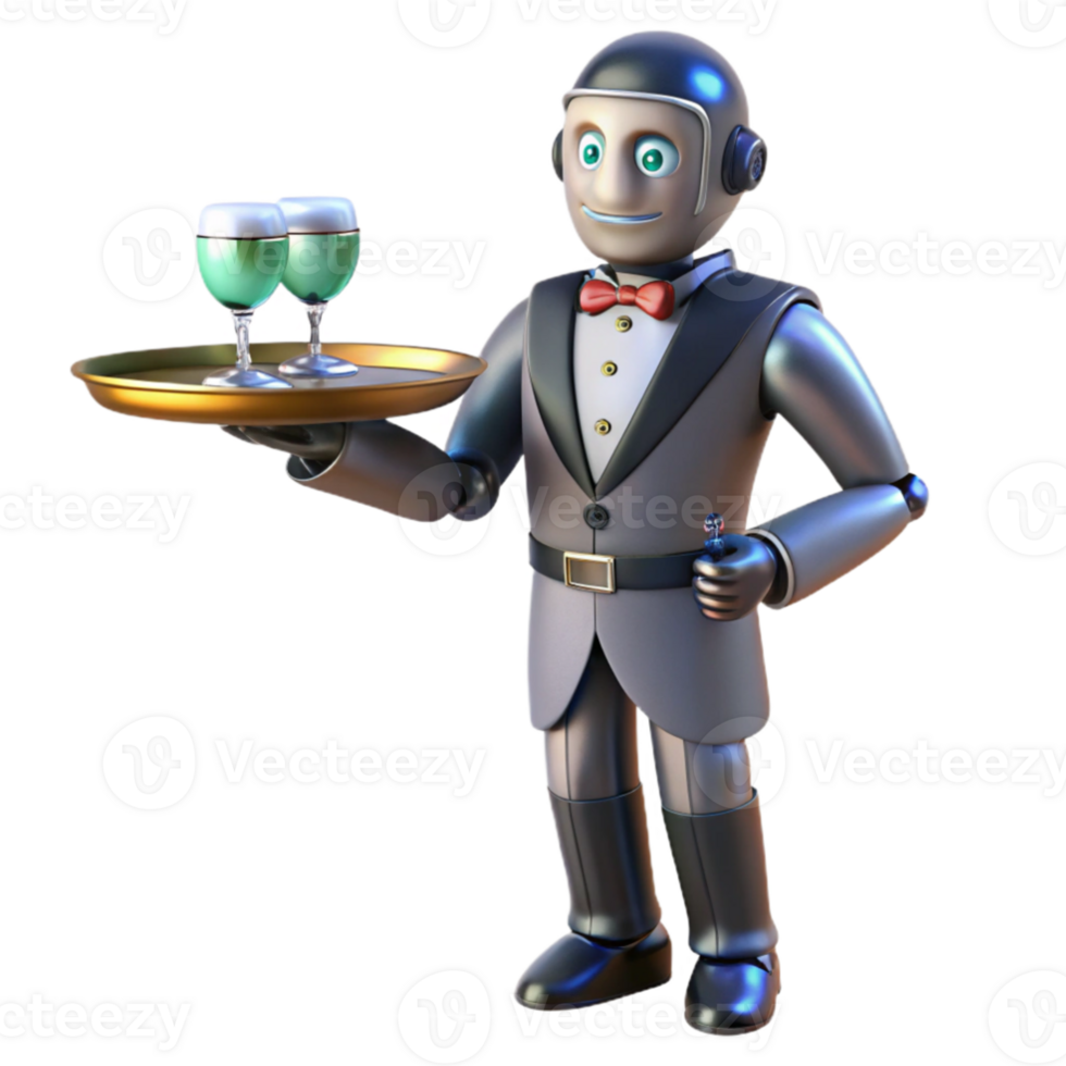 magnificent contemporary An Art Deco style robot butler serving a digital cocktail on a levitating tray, warm, soft lighting, art deco style high quality png