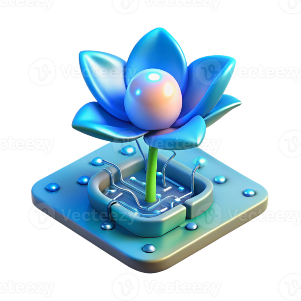 serene minimalist A single, bioluminescent flower growing from a circuit board, ethereal glow, macro photography style premium png