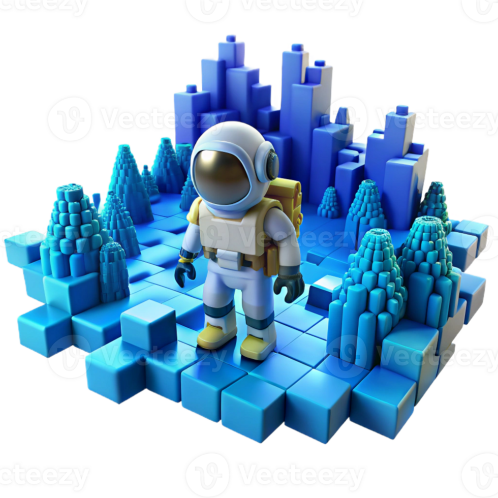 serene classic A lone astronaut exploring a desolate, digitized landscape filled with glitching pixels, cold, blue lighting, pixel art style professional png