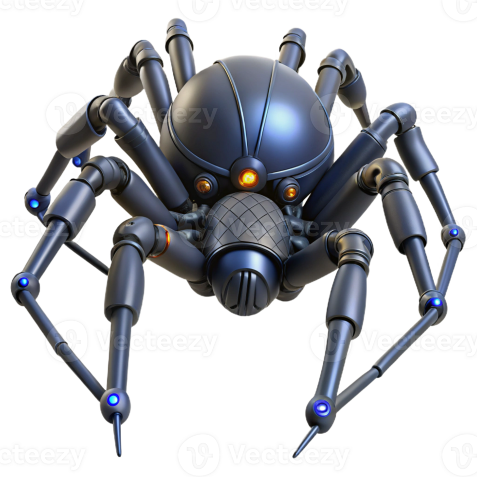magnificent artistic A giant robotic spider weaving a web of fiber optic cables, dark, moody lighting, hyperrealistic style authentic png