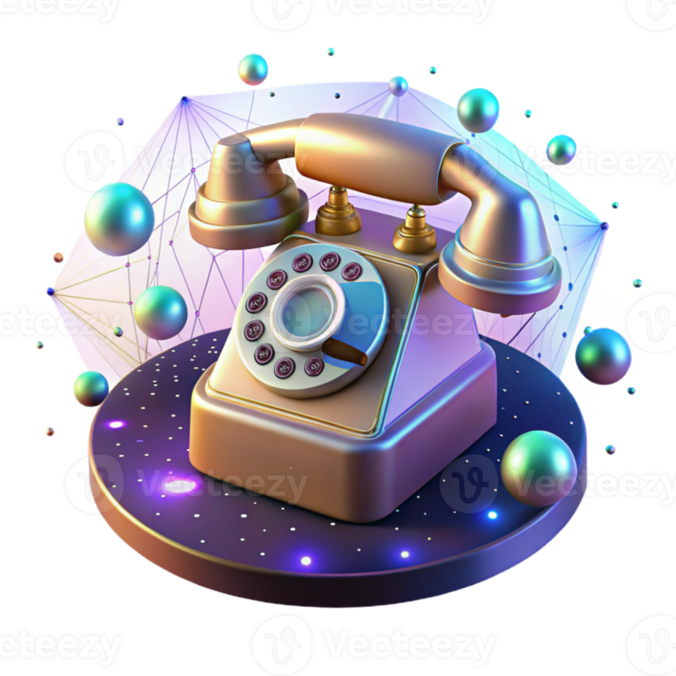 serene rustic A vintage rotary phone floating in zero gravity, surrounded by holographic projections of binary code, surreal, dreamlike lighting high quality png