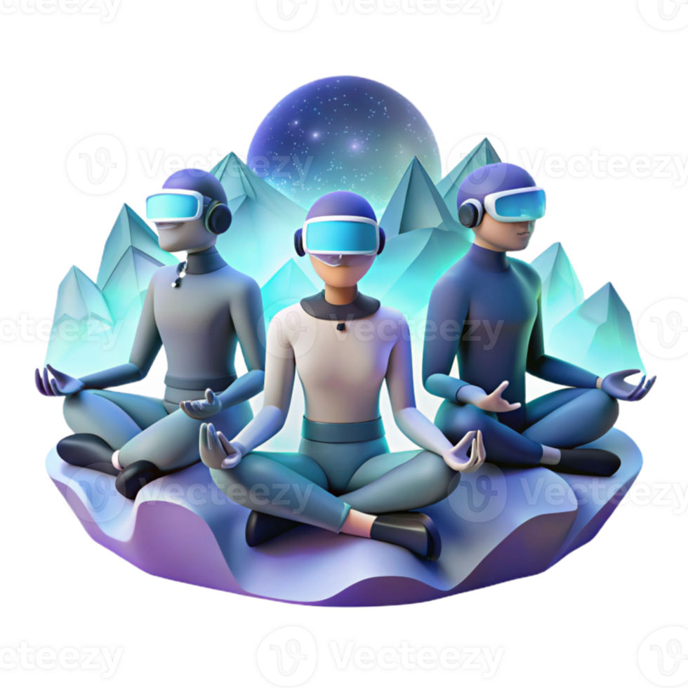 impressive traditional A group of cyborgs meditating in a virtual reality landscape, soft, ambient lighting, digital painting style original png