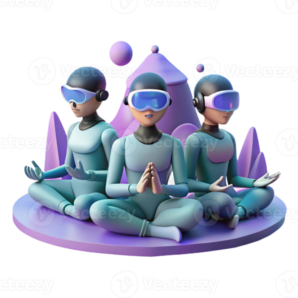 vibrant rustic A group of cyborgs meditating in a virtual reality landscape, soft, ambient lighting, digital painting style premium png