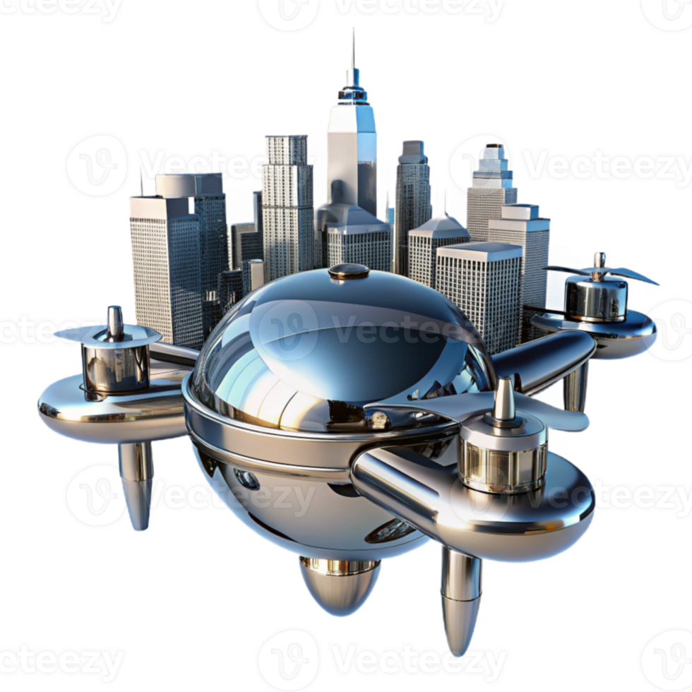 dramatic creative A futuristic cityscape reflected in the mirrored surface of a sleek, chrome drone, sharp, high contrast lighting, futuristic minimalist style high resolution png