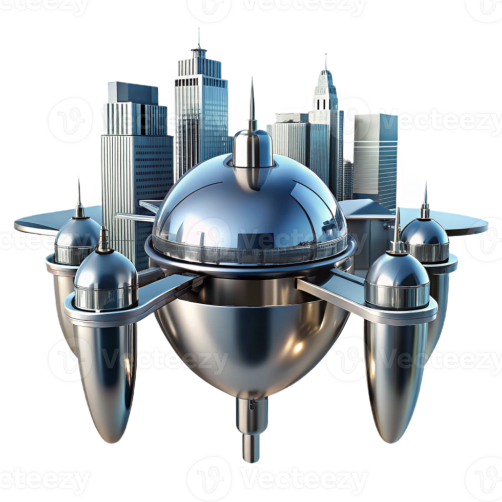vibrant minimalist A futuristic cityscape reflected in the mirrored surface of a sleek, chrome drone, sharp, high contrast lighting, futuristic minimalist style high resolution png