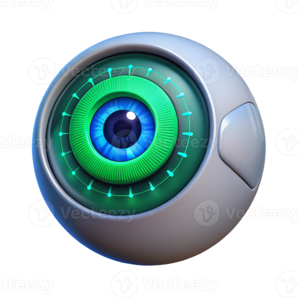 vibrant vintage A close-up of a human eye with a HUD display projected onto the iris, glowing blue and green UI elements, cyberpunk style exclusive png