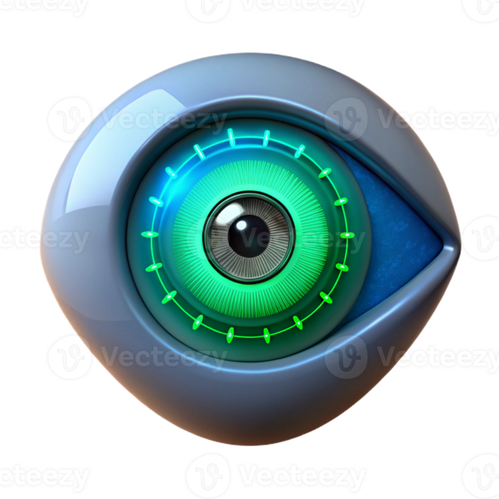 vibrant modern A close-up of a human eye with a HUD display projected onto the iris, glowing blue and green UI elements, cyberpunk style high resolution png