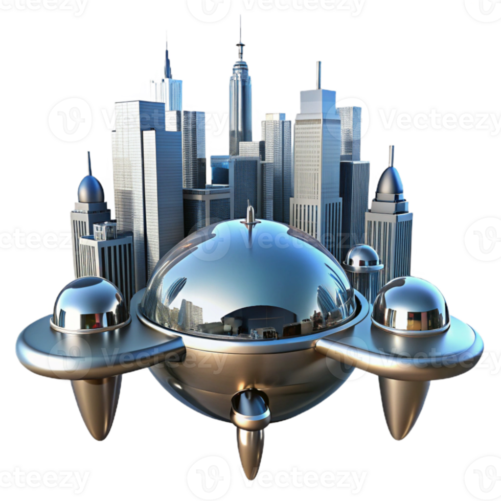 elegant minimalist A futuristic cityscape reflected in the mirrored surface of a sleek, chrome drone, sharp, high contrast lighting, futuristic minimalist style professional png
