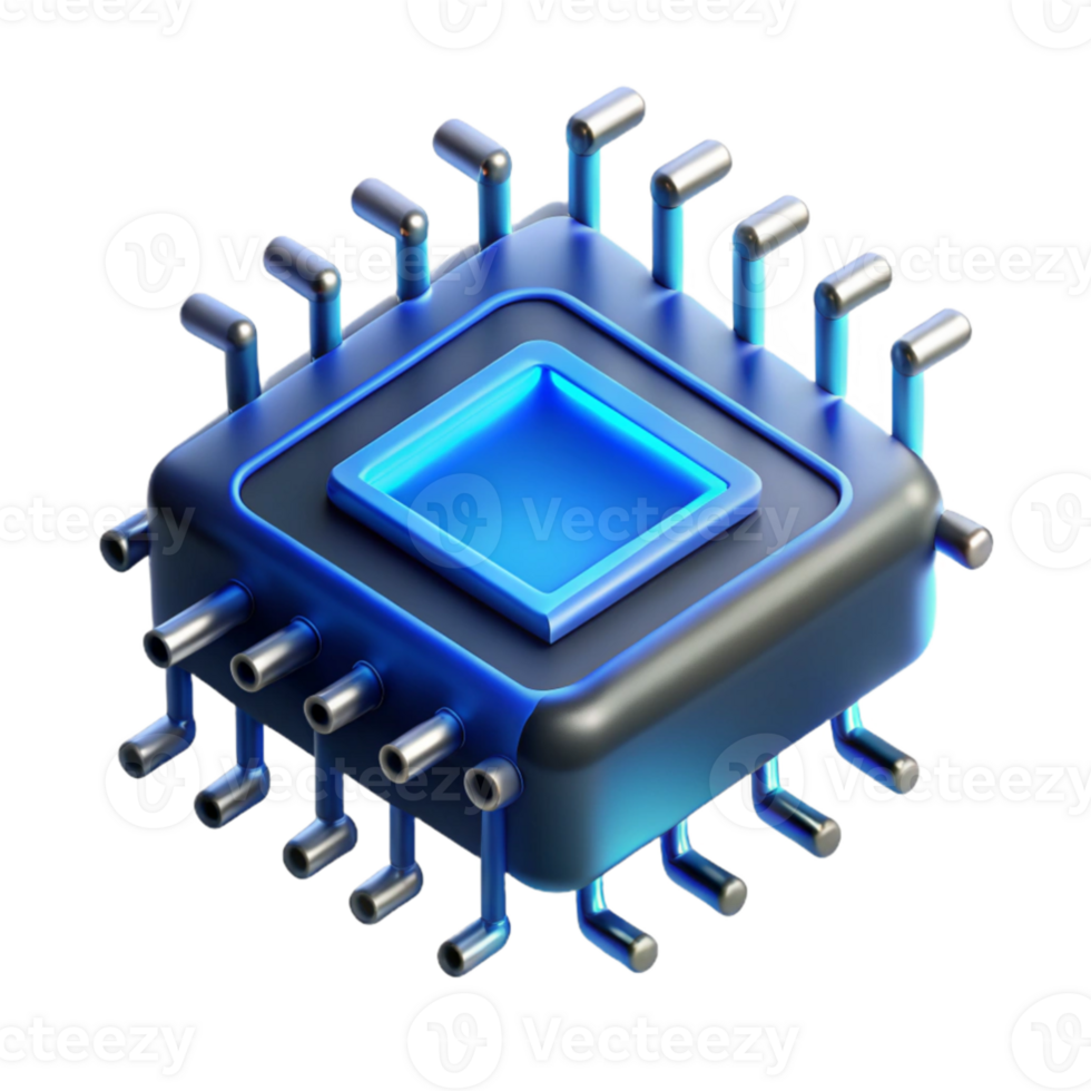 wonderful abstract A single microchip, magnified immensely, intricate pathways glowing with electric blue light, dark and mysterious mood, photorealistic style authentic png