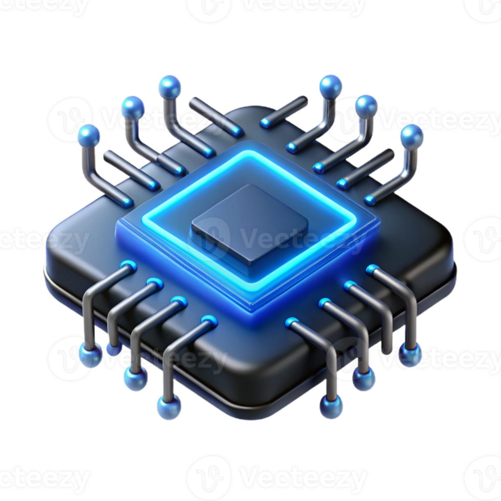 extraordinary modern A single microchip, magnified immensely, intricate pathways glowing with electric blue light, dark and mysterious mood, photorealistic style professional png