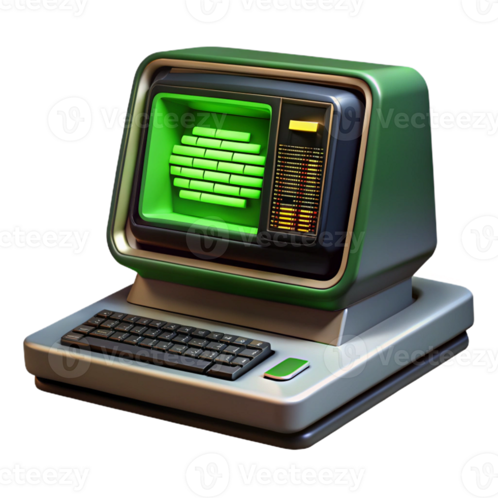 elegant traditional A vintage computer terminal displaying complex code, green text on black screen, dimly lit room, retrofuturistic style detailed png