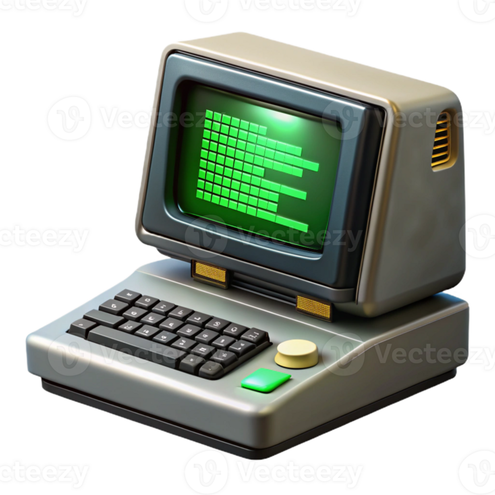 vibrant creative A vintage computer terminal displaying complex code, green text on black screen, dimly lit room, retrofuturistic style premium png