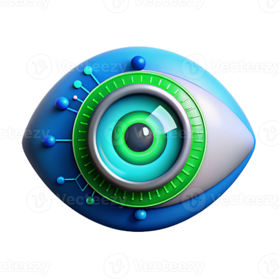 magnificent rustic A human eye overlaid with digital code and HUD elements, bright blue and green hues, futuristic and technological style genuine png