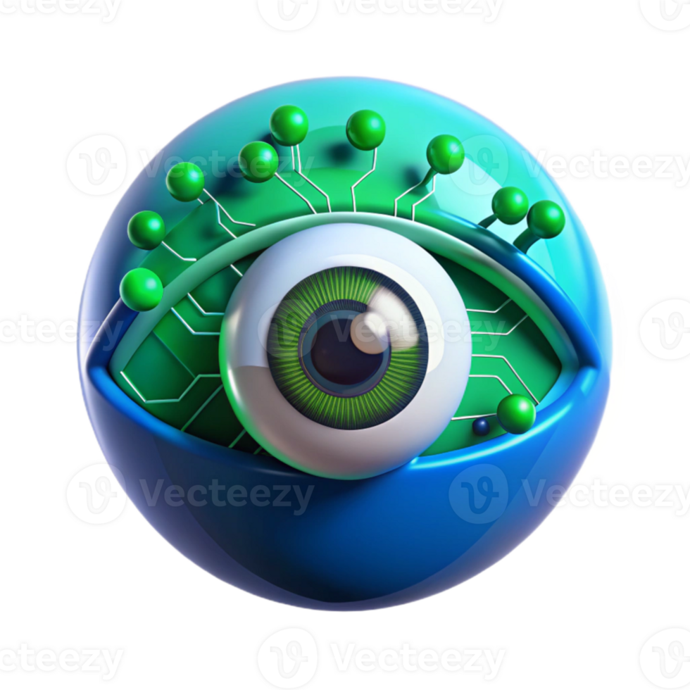 wonderful minimalist A human eye overlaid with digital code and HUD elements, bright blue and green hues, futuristic and technological style exclusive png