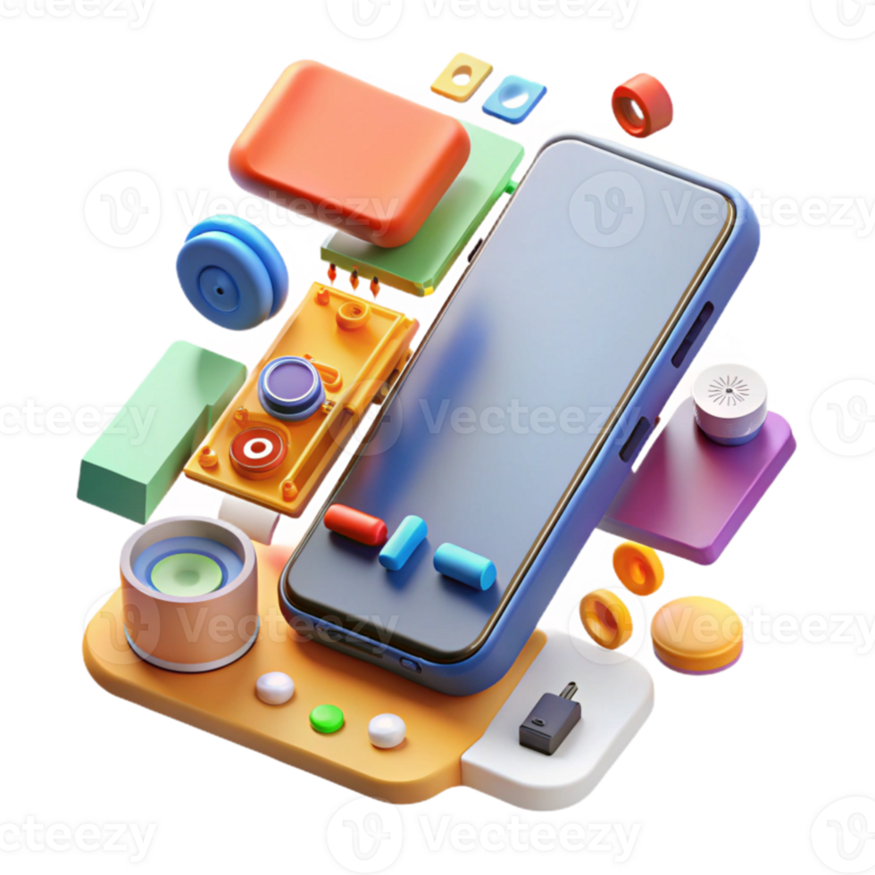 wonderful vintage A disassembled smartphone, components meticulously arranged, bright studio lighting, exploded view diagram style 4K png