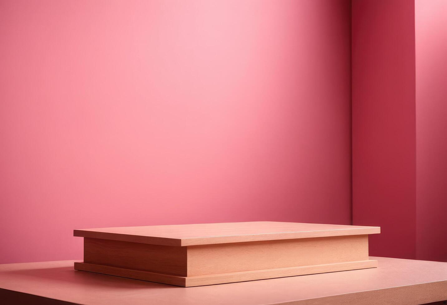 A wooden box sitting on a table in front of a pink wall photo