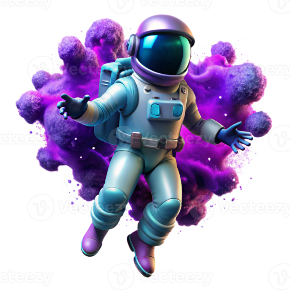 dramatic modern A lone astronaut, clad in a bioluminescent spacesuit, floats adrift amidst a nebula of vibrant purple and teal, cosmic dust swirling around them.... png
