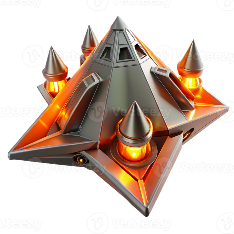 magnificent rustic A sleek, triangular starship, engines glowing a fiery orange, warping through a kaleidoscope of fractured dimensions. Dynamic lighting, art nouveau style high quality png