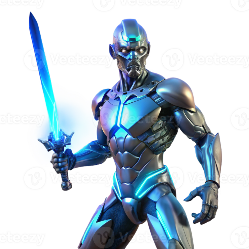 dramatic vintage A cyborg with glowing blue circuitry beneath transparent skin, holding a shimmering energy sword, standing in a dramatic, chiaroscuro lighting setup. Biopunk style genuine png
