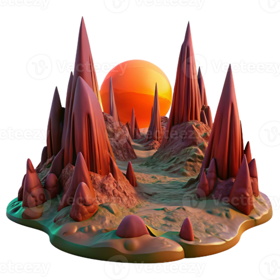beautiful minimalist A desolate, alien landscape of jagged crimson rock formations beneath a double sunset of emerald and gold. Ambient lighting, surreal style authentic png