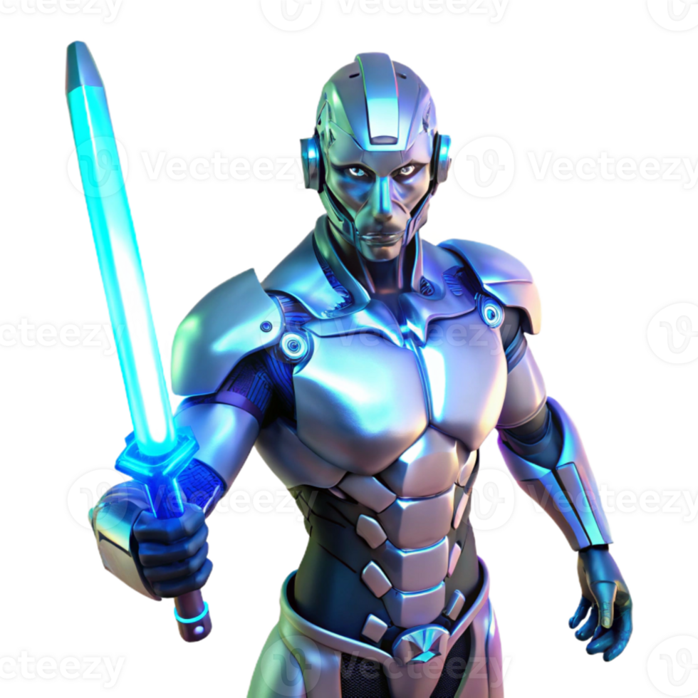 beautiful classic A cyborg with glowing blue circuitry beneath transparent skin, holding a shimmering energy sword, standing in a dramatic, chiaroscuro lighting setup. Biopunk style 4K png