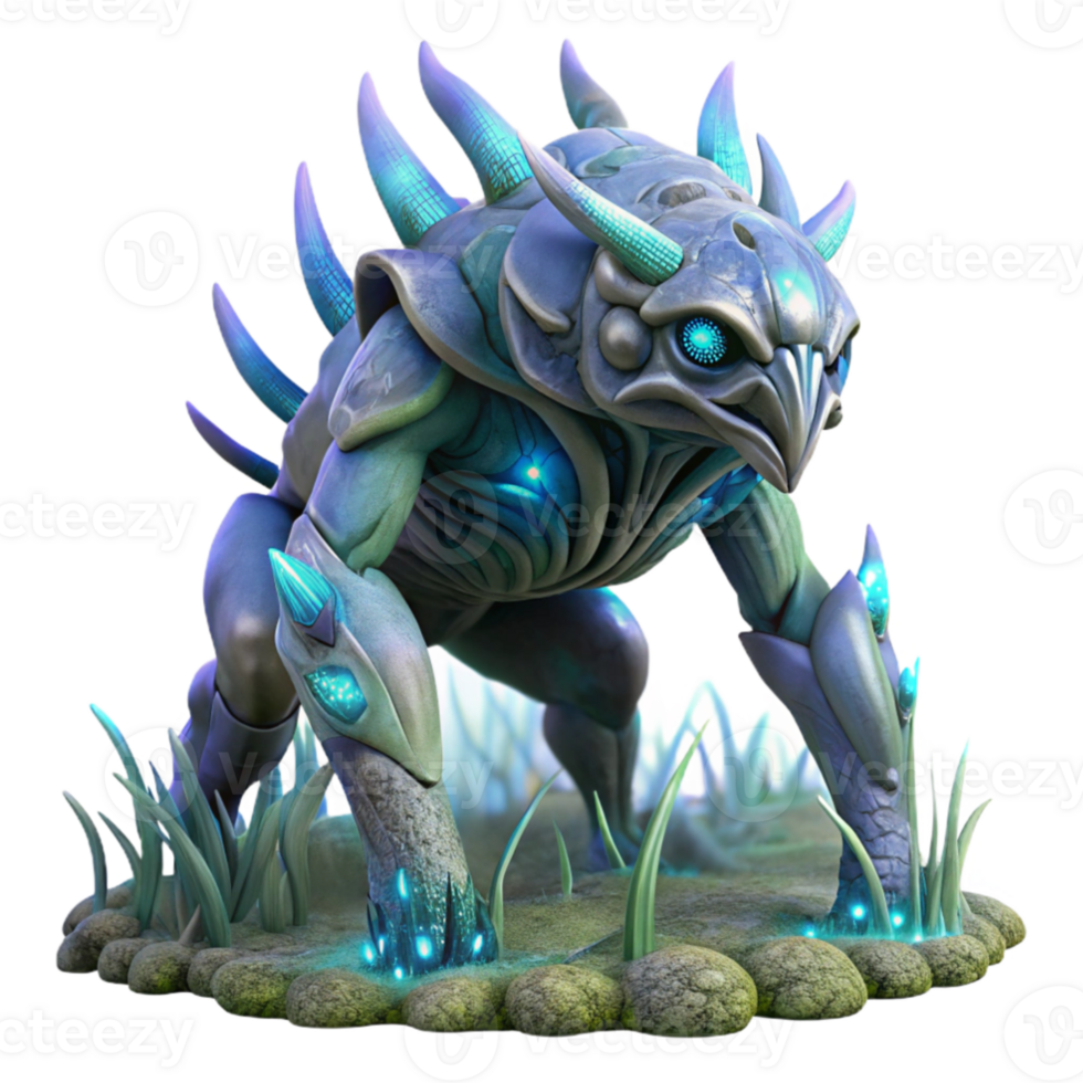 extraordinary modern A colossal, biomechanical creature with iridescent scales, traversing a field of bioluminescent flora. Cool, ethereal lighting, fantasy art style exclusive png