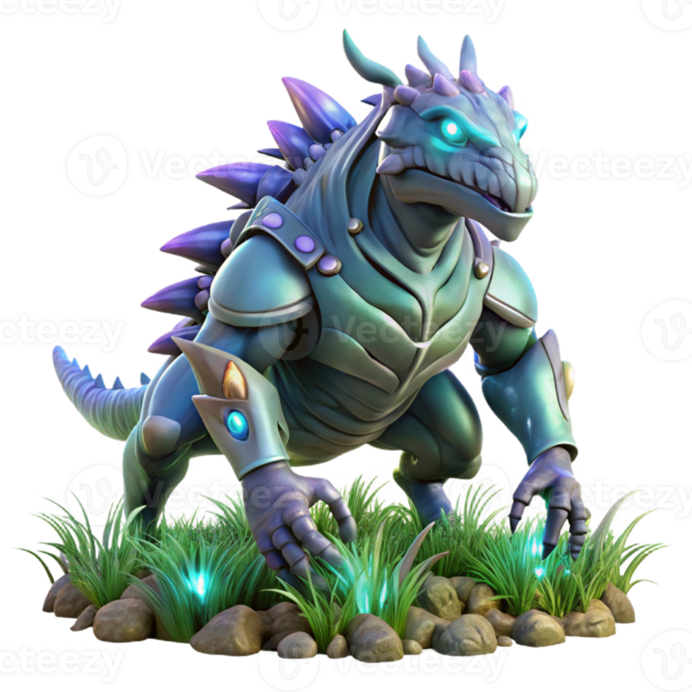 vibrant artistic A colossal, biomechanical creature with iridescent scales, traversing a field of bioluminescent flora. Cool, ethereal lighting, fantasy art style authentic png