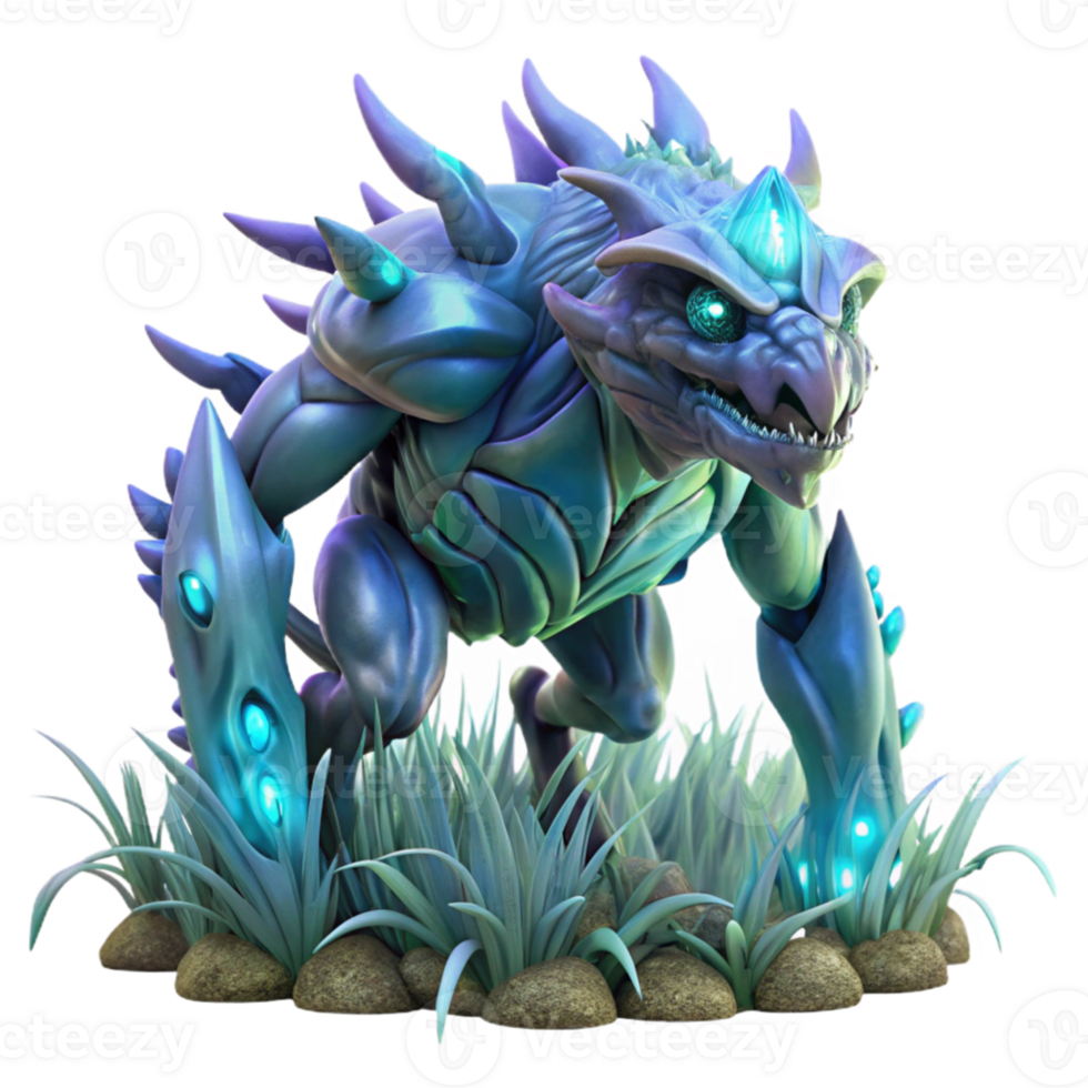impressive contemporary A colossal, biomechanical creature with iridescent scales, traversing a field of bioluminescent flora. Cool, ethereal lighting, fantasy art style detailed png