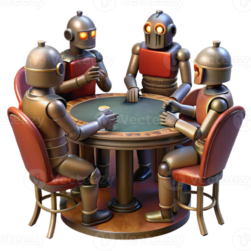 elegant modern A group of robots, rusted and weathered, playing poker around a flickering neon sign in a deserted saloon. Dim, dramatic lighting, dieselpunk style high quality png