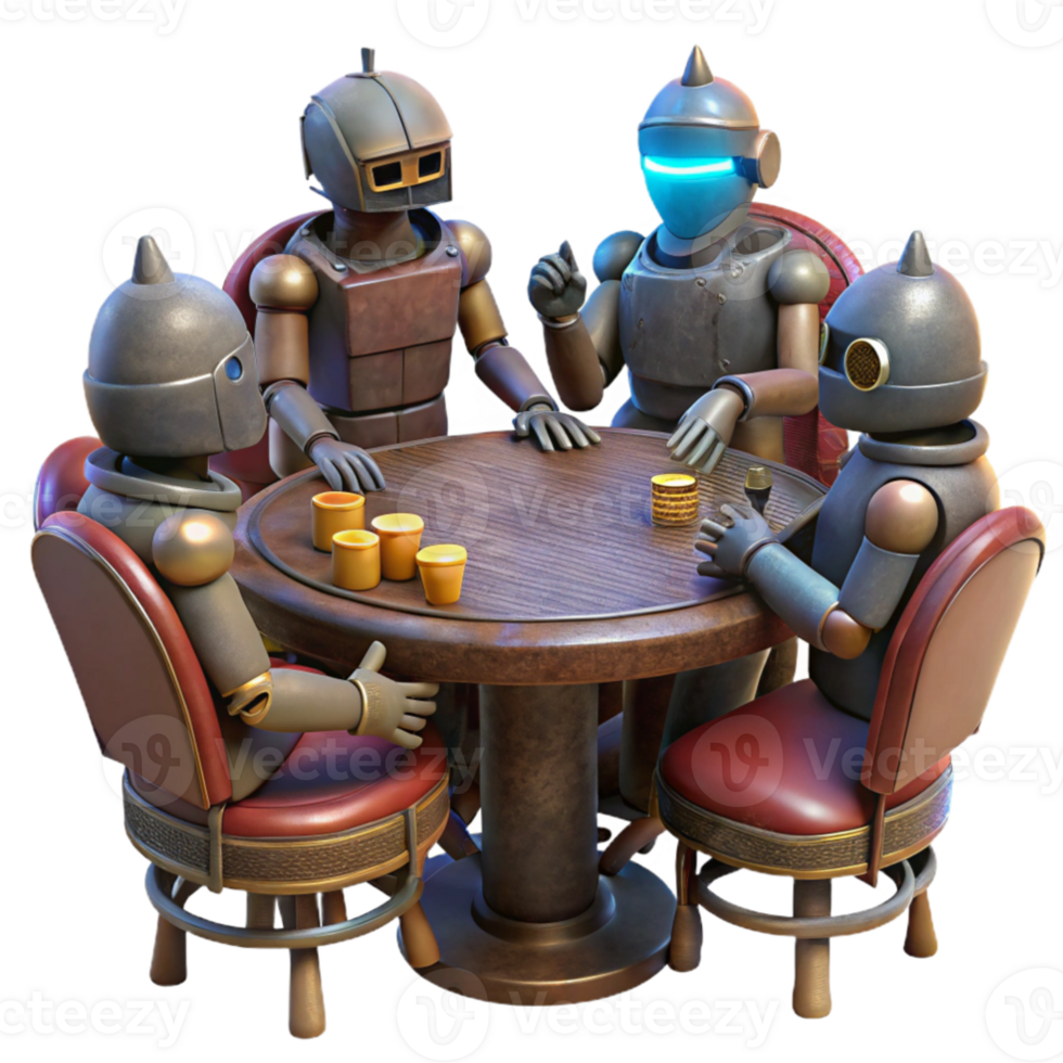impressive traditional A group of robots, rusted and weathered, playing poker around a flickering neon sign in a deserted saloon. Dim, dramatic lighting, dieselpunk style premium png