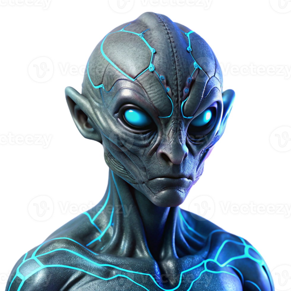 elegant traditional A close-up portrait of an alien with intricate, fractal patterns on its skin, illuminated by a pulsating, bioluminescent light. Macro photography style, neon lighting authentic png