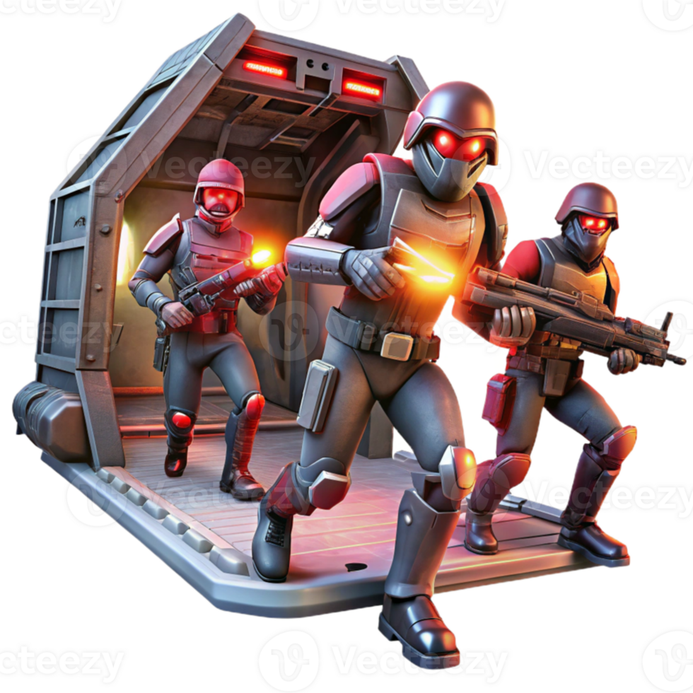 impressive artistic A group of space pirates, armed with laser pistols, boarding a derelict spaceship, illuminated by flashing red alert lights. Dramatic, cinematic lighting, gritty style detailed png