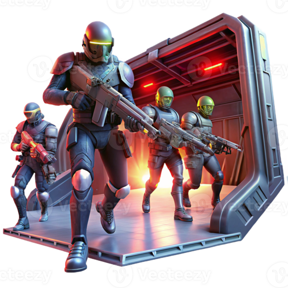 extraordinary abstract A group of space pirates, armed with laser pistols, boarding a derelict spaceship, illuminated by flashing red alert lights. Dramatic, cinematic lighting, gritty style 4K png