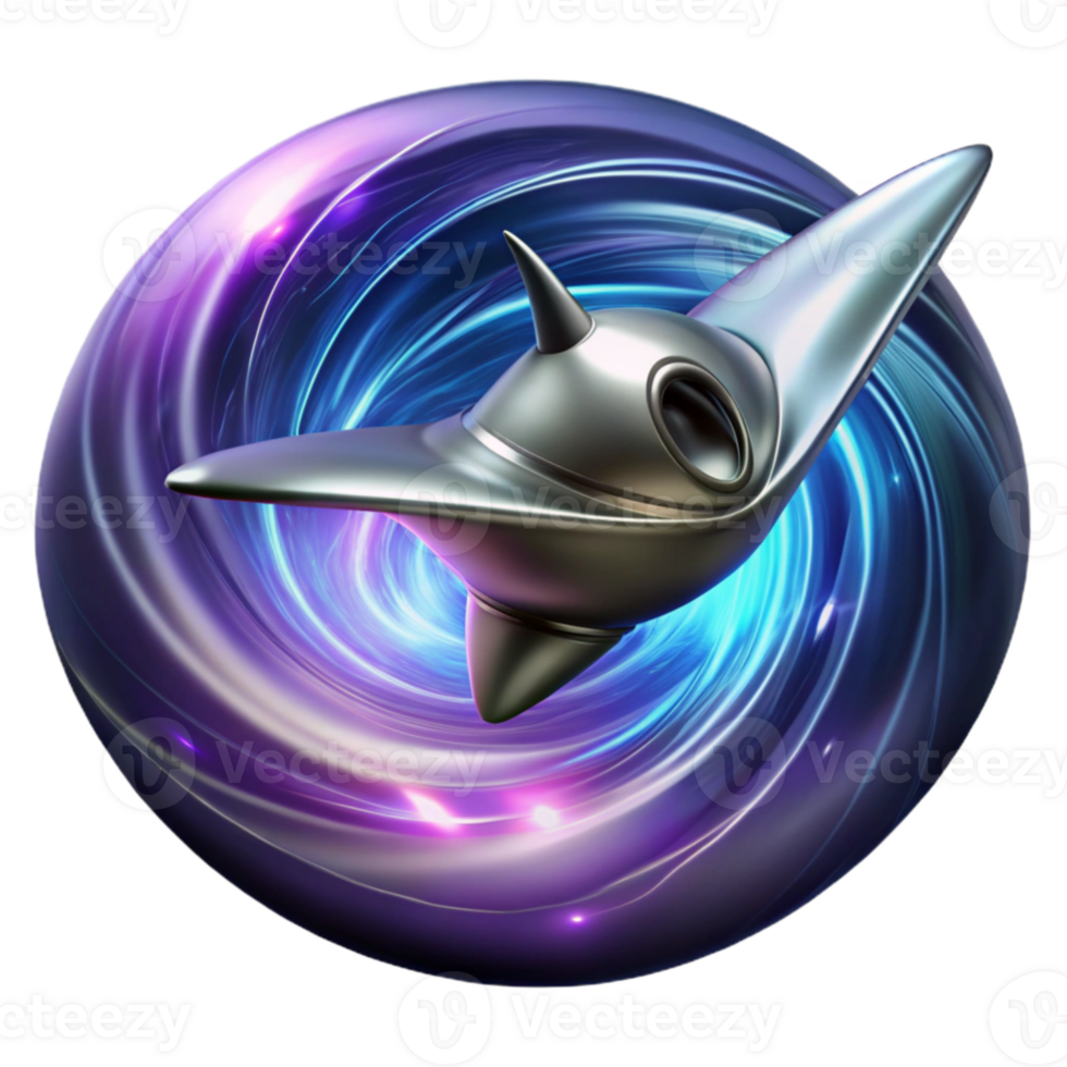 beautiful abstract A sleek, silver spaceship, shaped like a manta ray, emerges from a wormhole, trailing streaks of iridescent light. The wormhole is a swirling vortex of deep blues and purples.... png