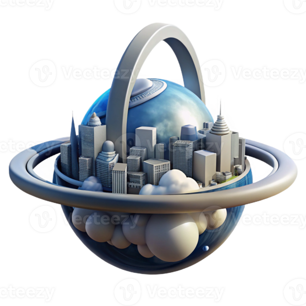 impressive rustic A futuristic cityscape, built on a giant, floating ring, orbits a gas giant planet. Bright, vibrant lighting from the city illuminates the planet's swirling clouds.... png