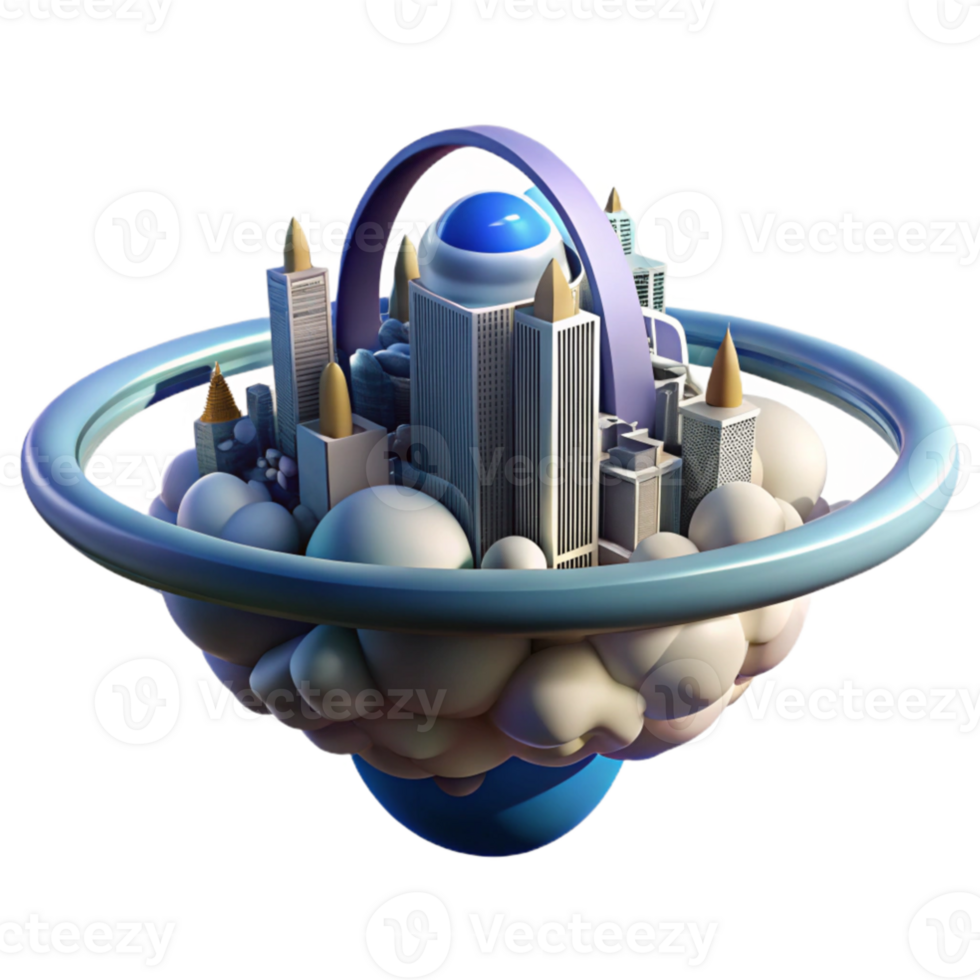 impressive artistic A futuristic cityscape, built on a giant, floating ring, orbits a gas giant planet. Bright, vibrant lighting from the city illuminates the planet's swirling clouds.... png