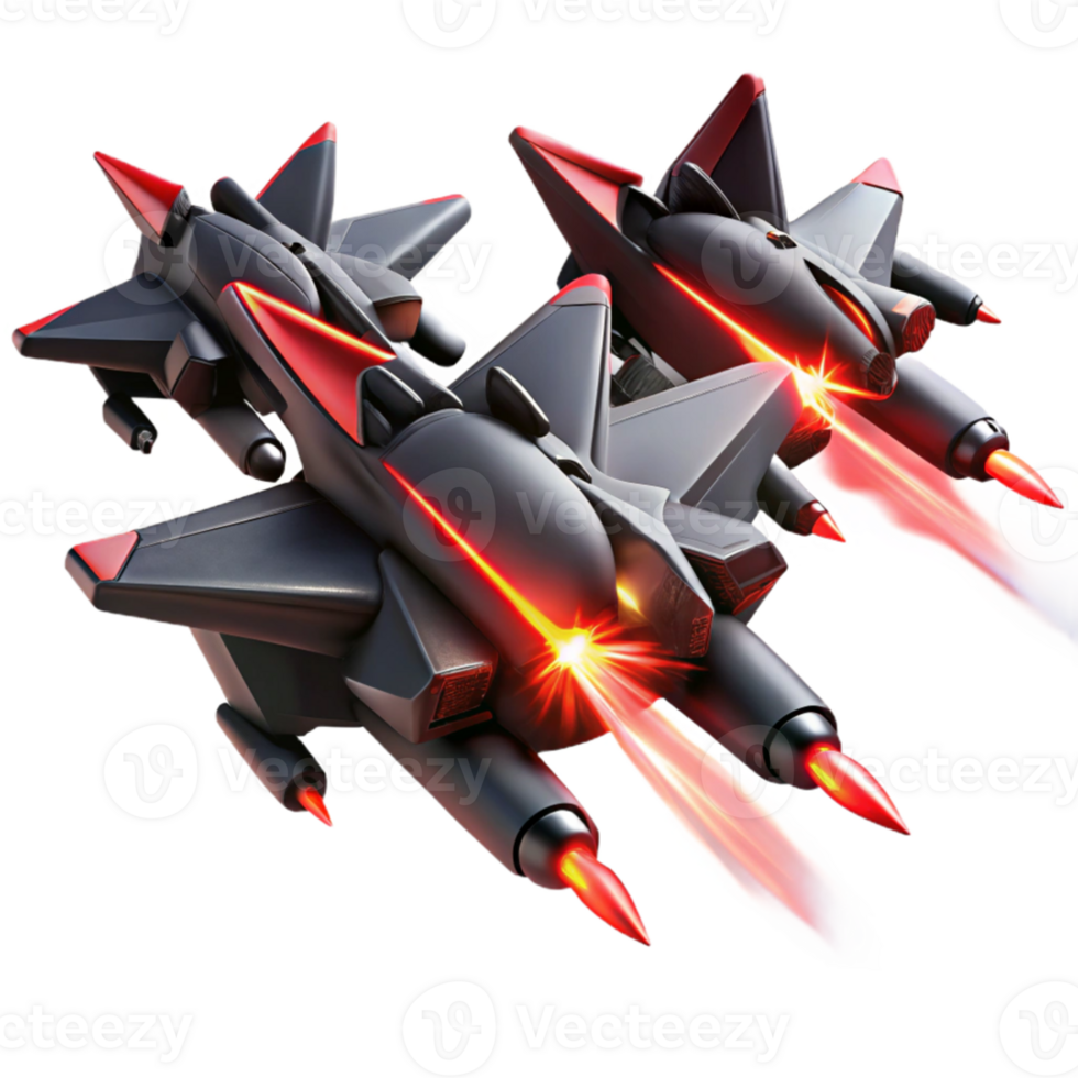 wonderful creative A squadron of sleek, black fighter jets, with glowing red engine trails, engages in a dogfight above a futuristic city. Dynamic, action-packed. Anime style high resolution png